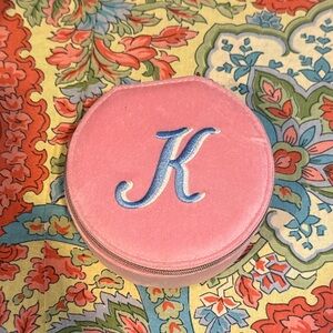 Pink Velvet Travel Jewelry Case with Blue “K” Initial